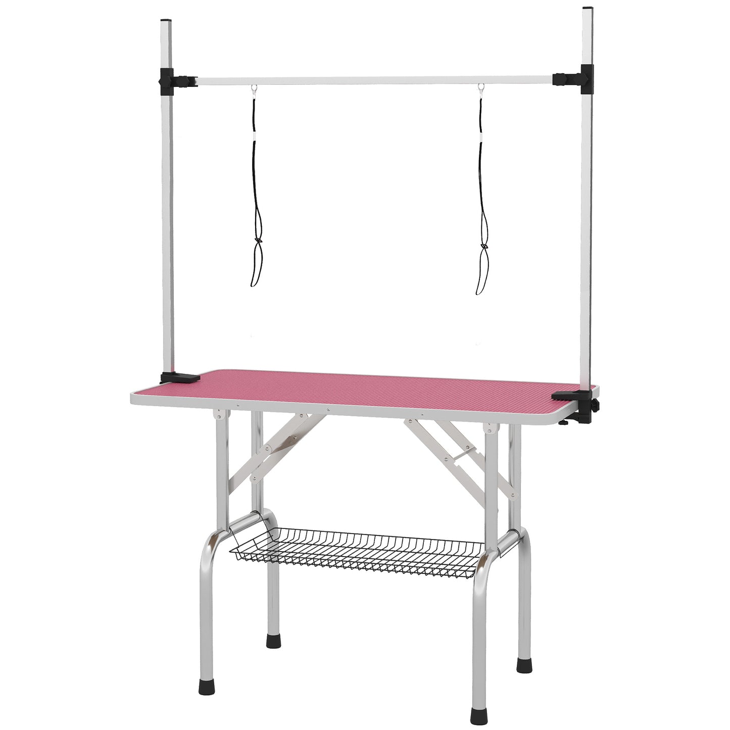 Pawhut Mesa De Peluquería Canina Plegable Con Cesta Metálica 107x60x164 Cm Rosa_0