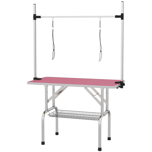 Pawhut Mesa De Peluquería Canina Plegable Con Cesta Metálica 107x60x164 Cm Rosa_0