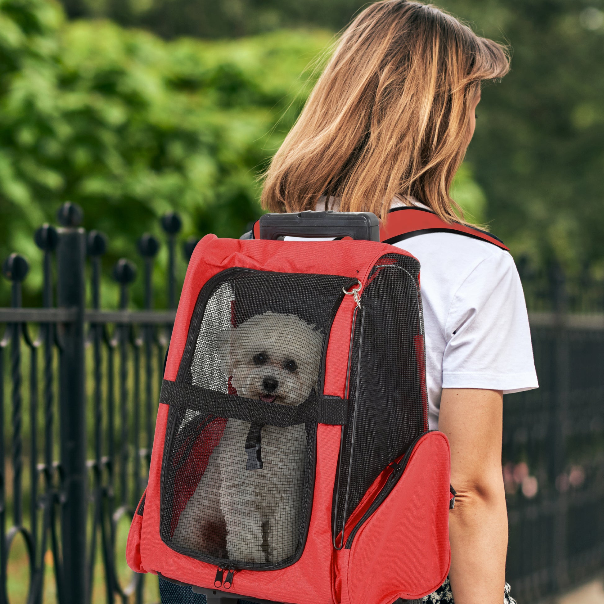 Pawhut Transportín 2 En 1 Para Mascotas Carrito Mochila Ruedas 42x25x55 Cm Rojo_1