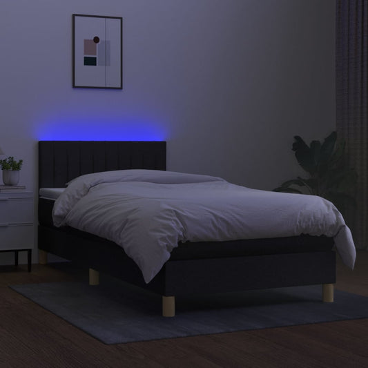 Cama Box Spring Con Colchón Y Led Tela Negro 90x190 Cm / Vetonek_0