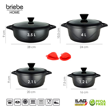 Batería De Cocina Inducción 8 Piezas Aluminio Fundido 4 Ollas Con Tapa De Cristal Antiadherente, Briebe, Mgk-17s, Negro