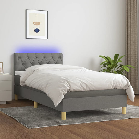 Cama Box Spring Con Colchón Y Led Tela Gris Oscuro 80x200 Cm / Vetonek_0