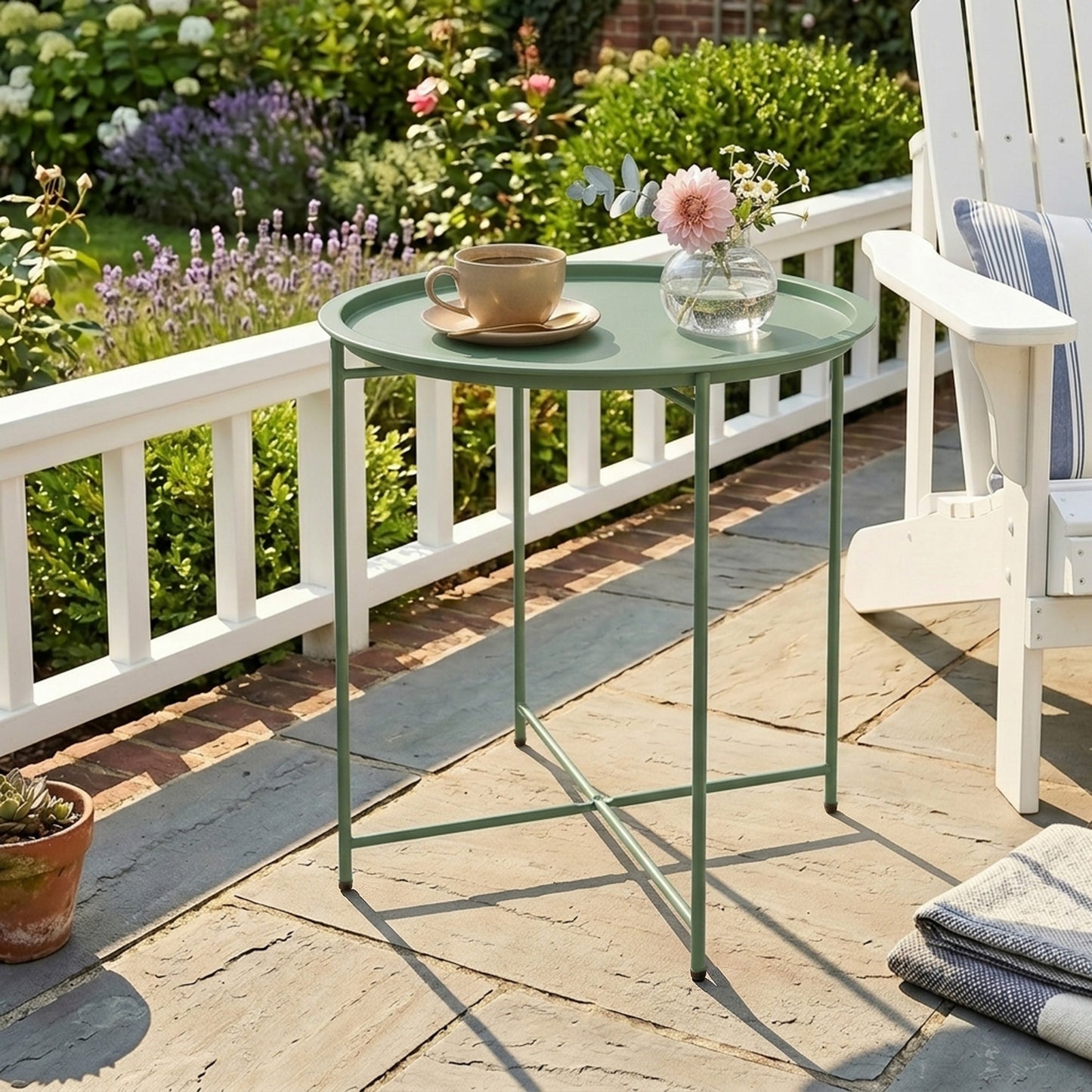 Outsunny Mesa Auxiliar Exterior Redonda Con Bandeja Extraíble Ø46x53 Cm Verde_1