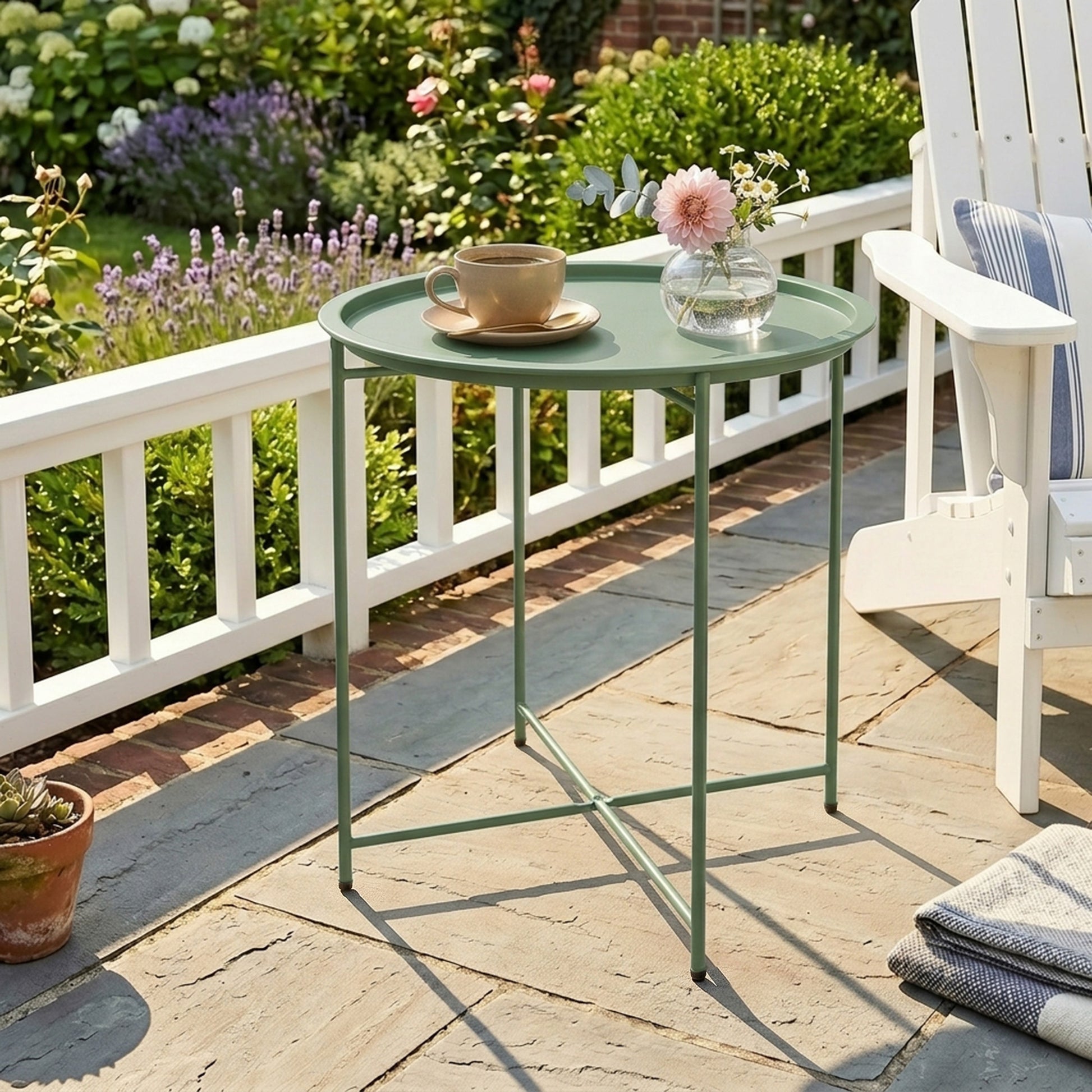 Outsunny Mesa Auxiliar Exterior Redonda Con Bandeja Extraíble Ø46x53 Cm Verde_1