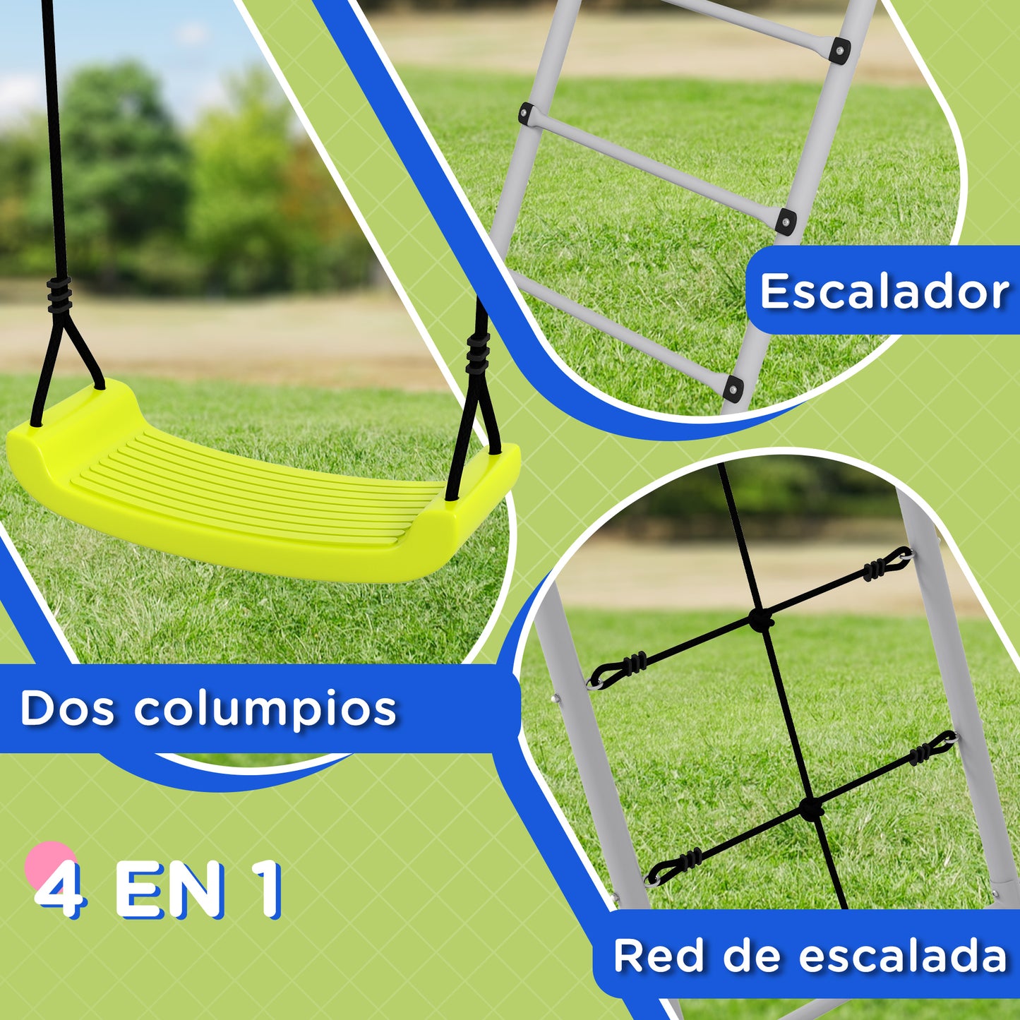 Outsunny Columpio Para Niños 4 En 1 Ajustable 260x185x180 Cm Gris Y Verde_4