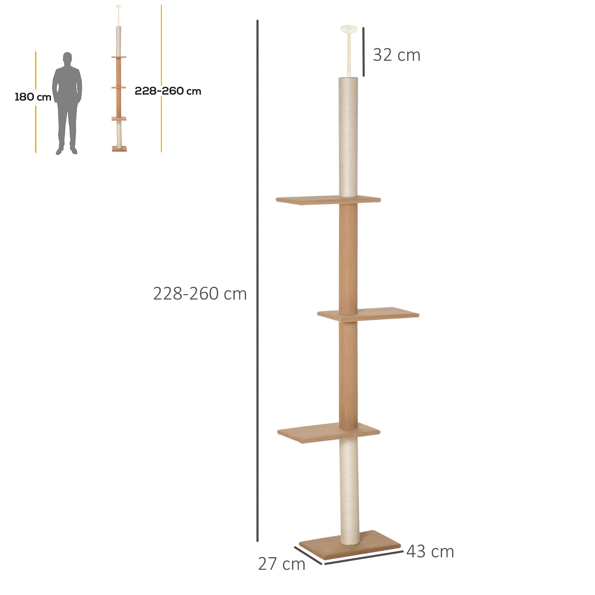 Pawhut Árbol Para Gatos Del Suelo Al Techo 43x27x228-260 Cm Con Altura Ajustable_2