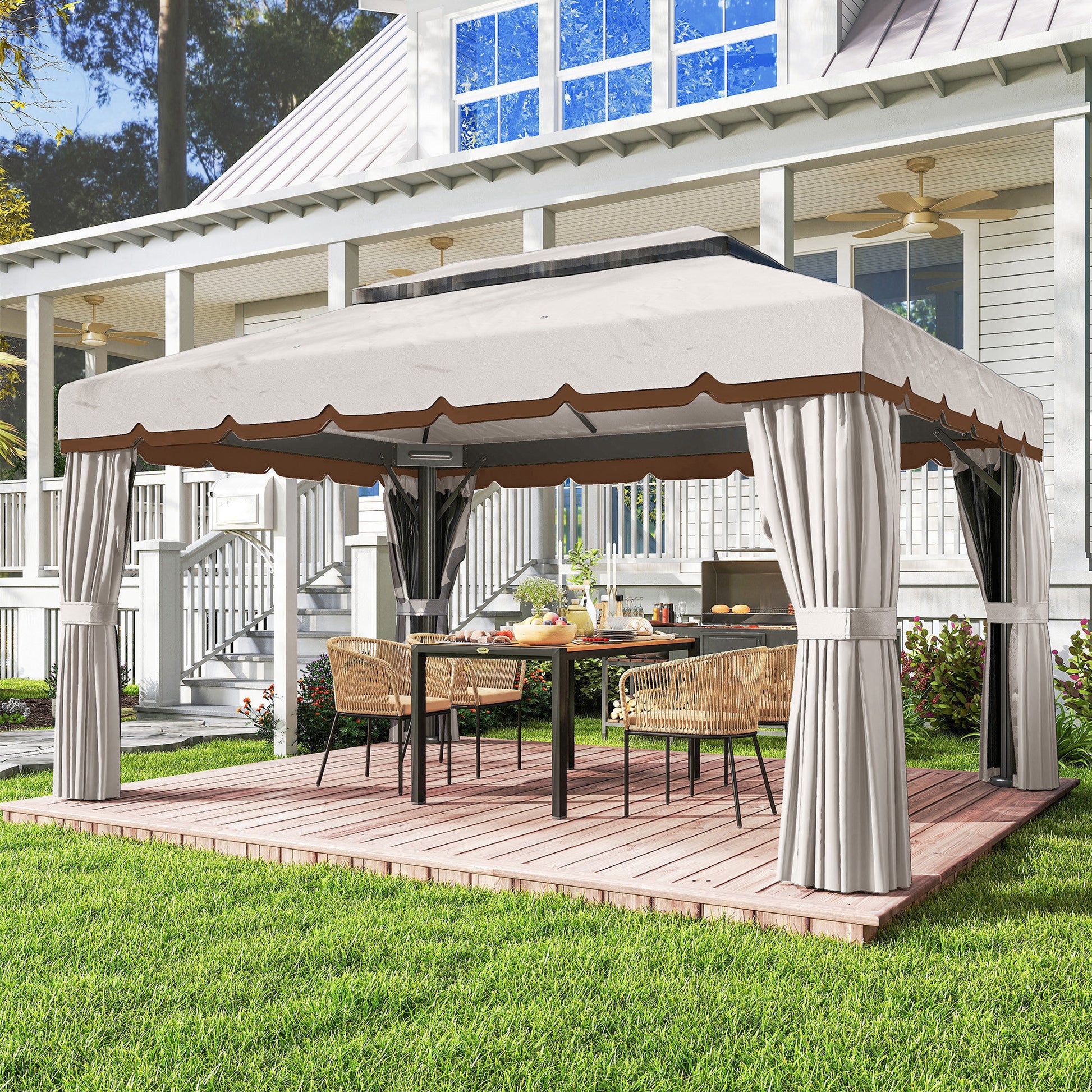 Outsunny Cenador De Jardín 4x3 M Con Doble Techo 4 Cortinas Y Mosquitera Crema_1