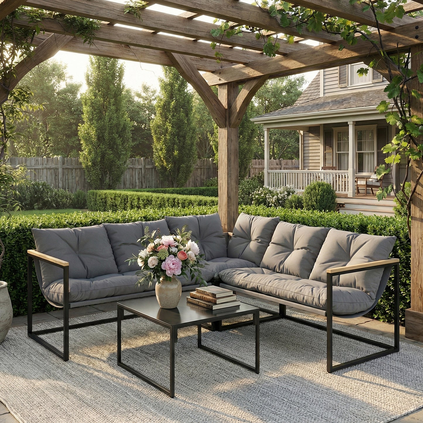 Outsunny Conjunto De Jardín Exterior De 4 Piezas En Forma De L Con Cojines Gris_1