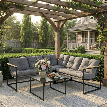 Outsunny Conjunto De Jardín Exterior De 4 Piezas En Forma De L Con Cojines Gris_1