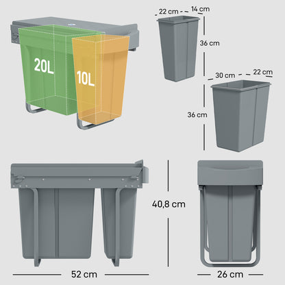 Caixote Do Lixo Extraível Homcom Abs, Metal Cinzento 52x26x40,8 Cm 851-074v00gy_2