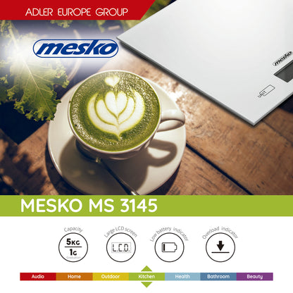 Báscula De Cocina Digital Extraplana, Plataforma Vidrio, Precisión 1gr Hasta 5 Kg, Función Tara Mesko Ms3145 Gris