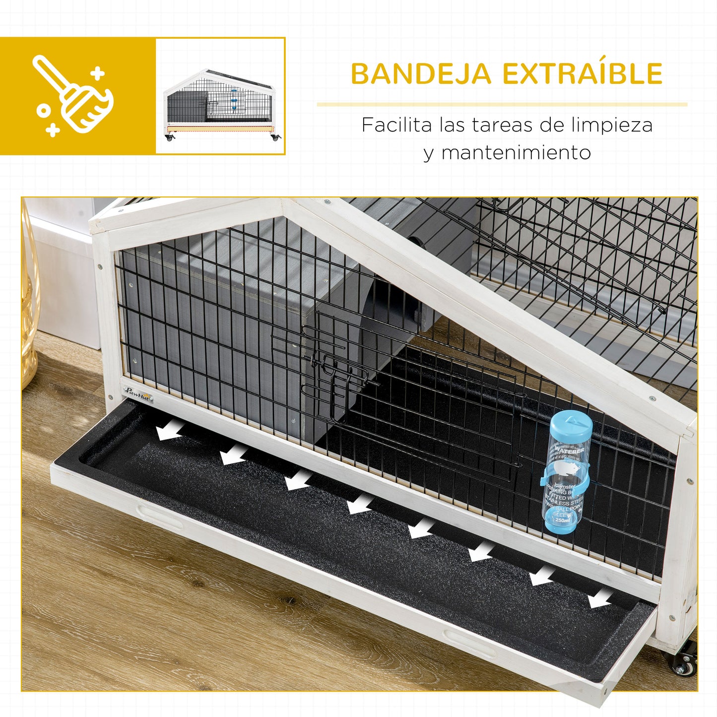 Pawhut Conejera De Madera Con Ruedas 90x53x55 Cm Con Bandeja Extraíble Y Botella_5