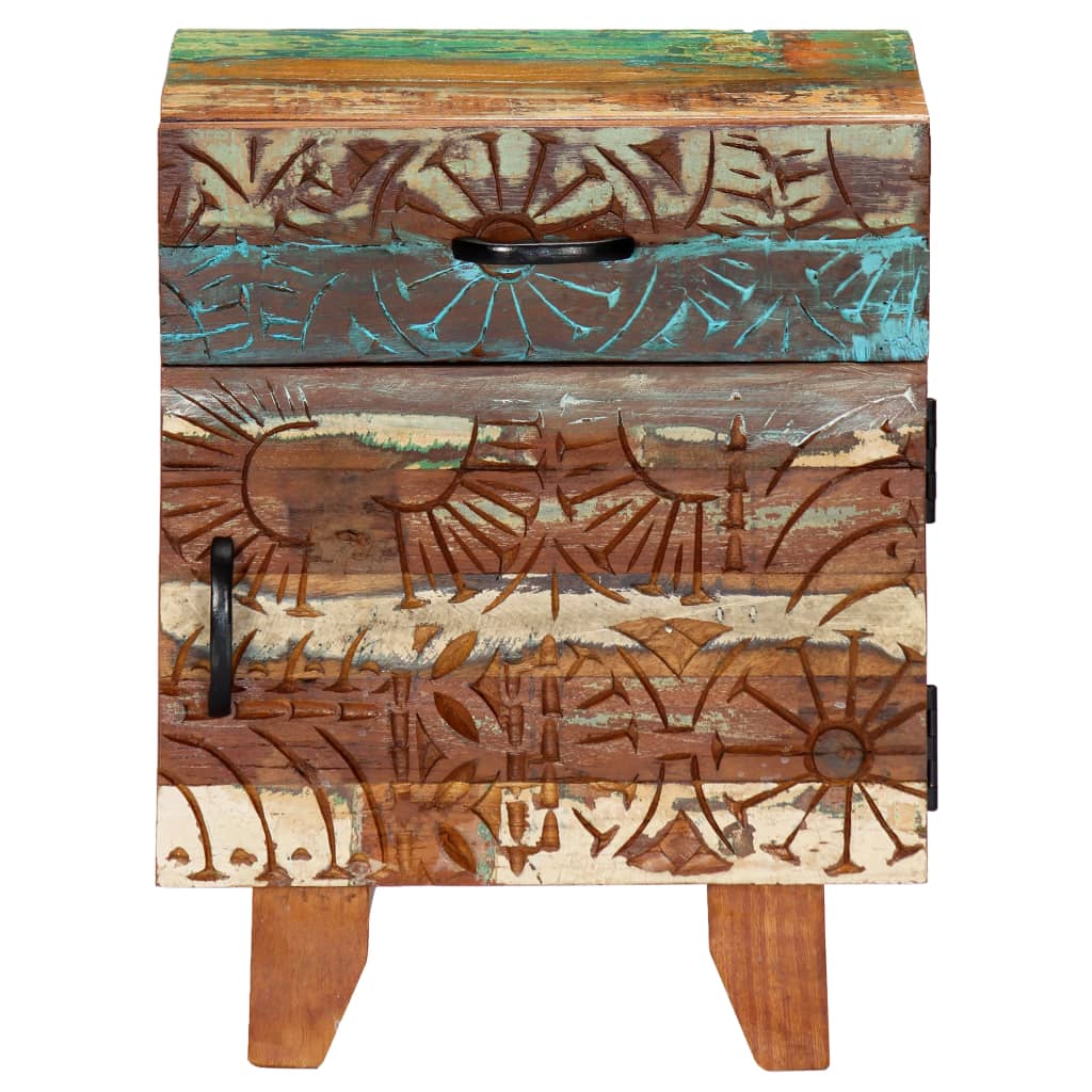 Mesita De Noche Tallada A Mano Madera Reciclada 40x30x50 Cm_0