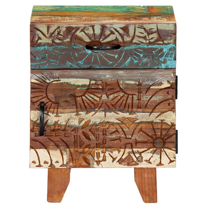 Mesita De Noche Tallada A Mano Madera Reciclada 40x30x50 Cm_0