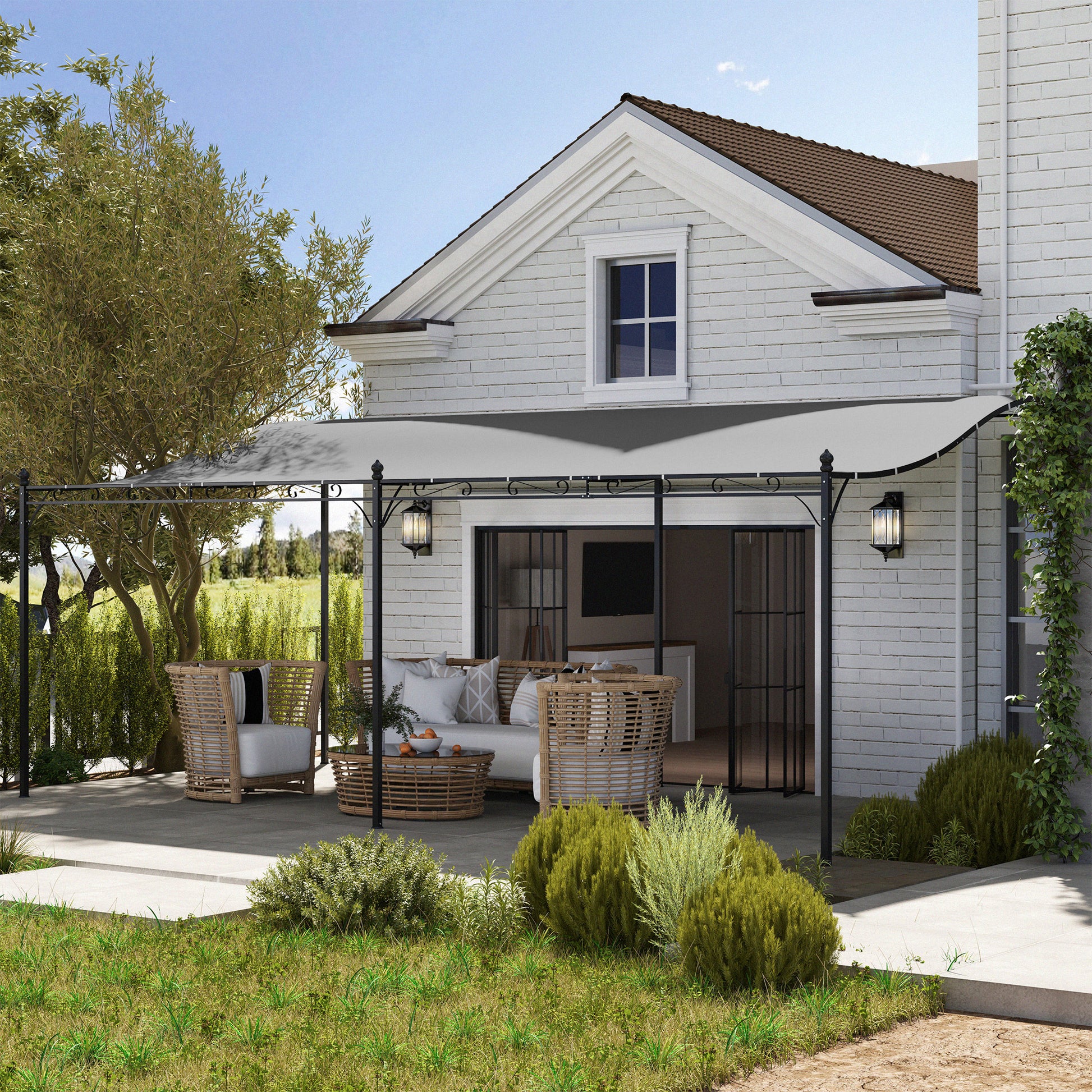 Outsunny Pérgola De Pared 3x6 M Con Techo Inclinado Estructura Metálica Gris_1