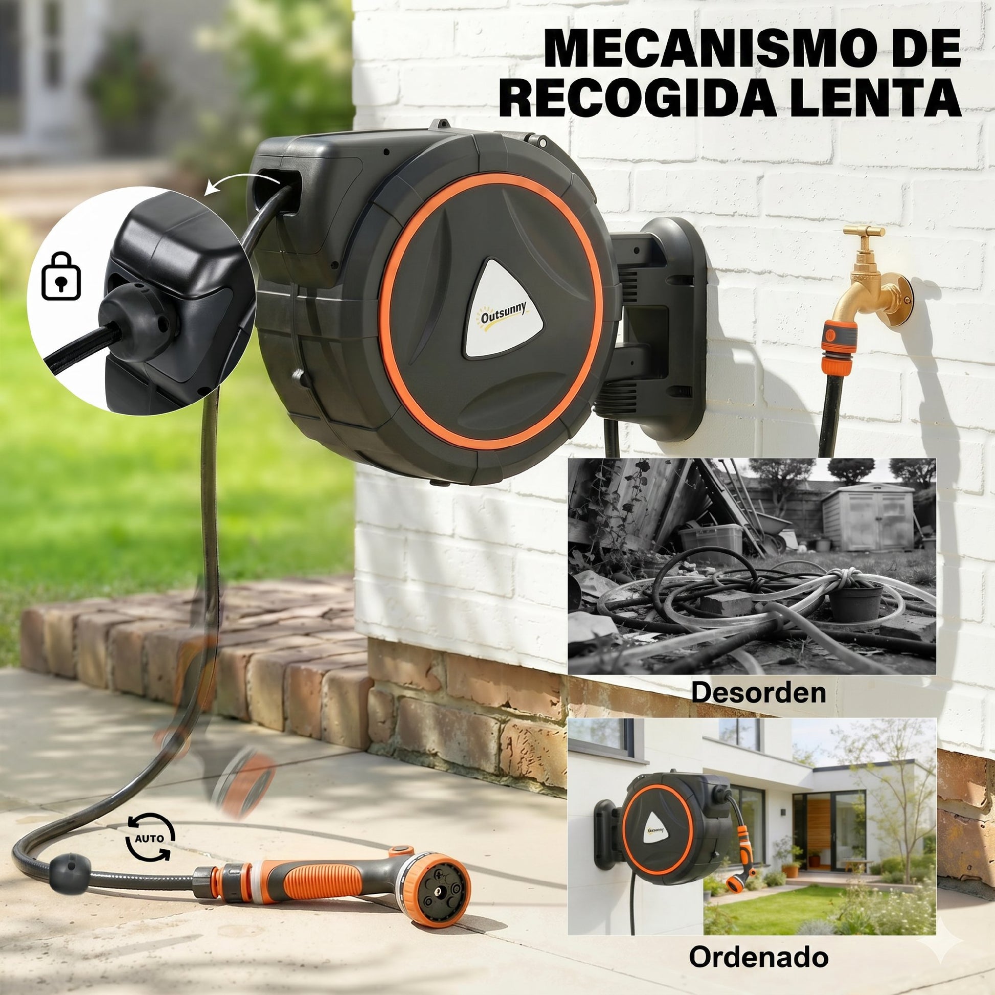 Outsunny Enrollador De Manguera Para Jardín 23+2 M Con 12 Modos De Rociado_4