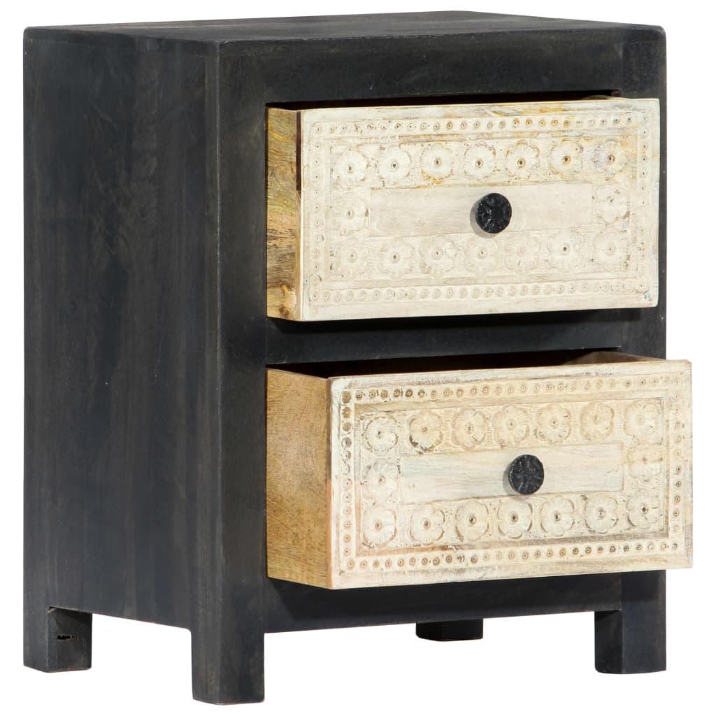 Mesita De Noche Tallada Madera Maciza De Mango Gris 40x30x50 Cm_0