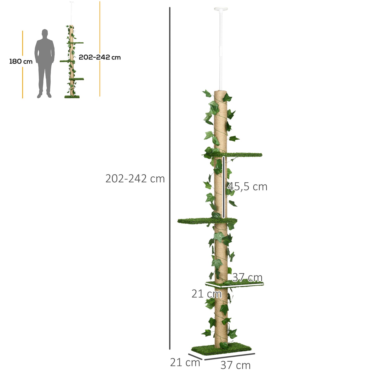 Pawhut Árbol Para Gatos Del Suelo Al Techo 37x21x202-242 Cm Con Altura Ajustable_2