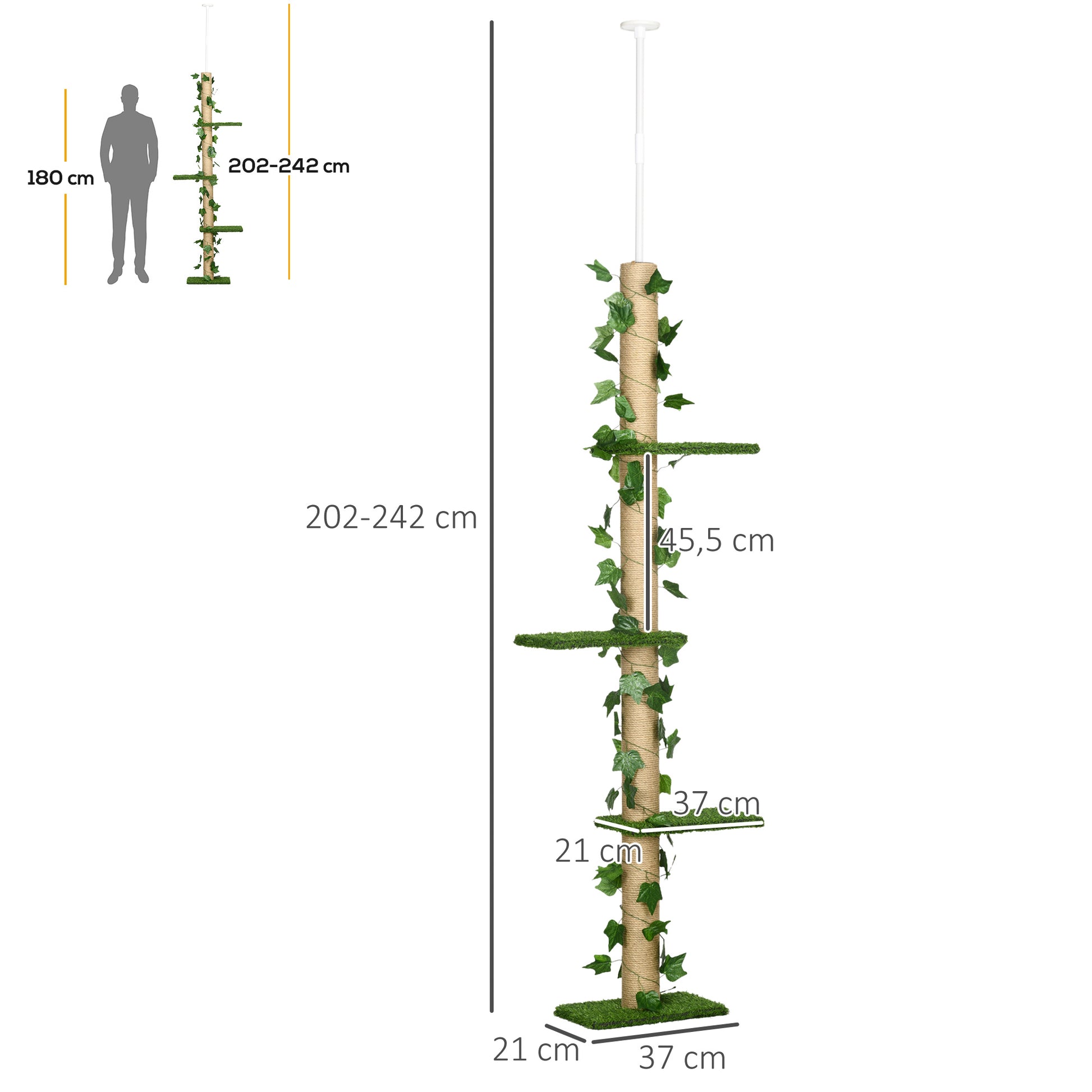 Pawhut Árbol Para Gatos Del Suelo Al Techo 37x21x202-242 Cm Con Altura Ajustable_2