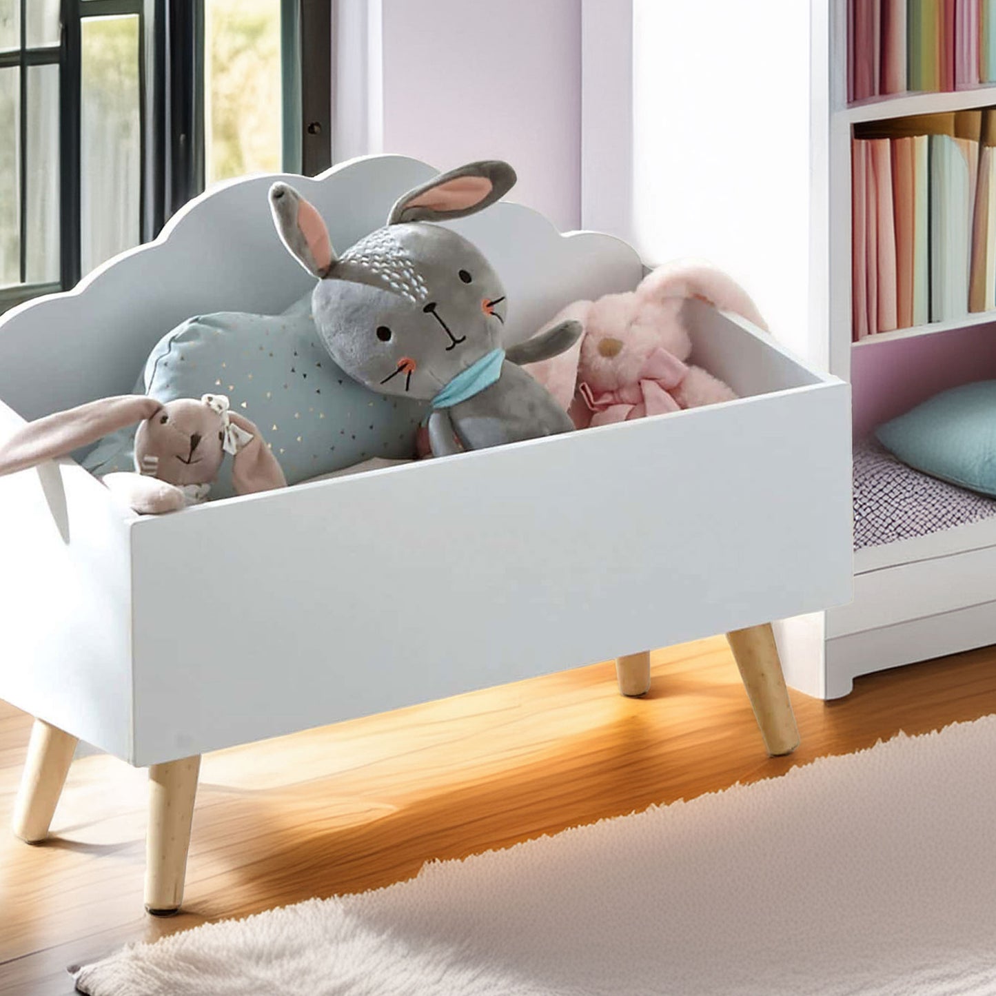 Wellhome Baúl Infantil Nube Blanco, Ideal Para Juguetes, 58x28x45,5cm