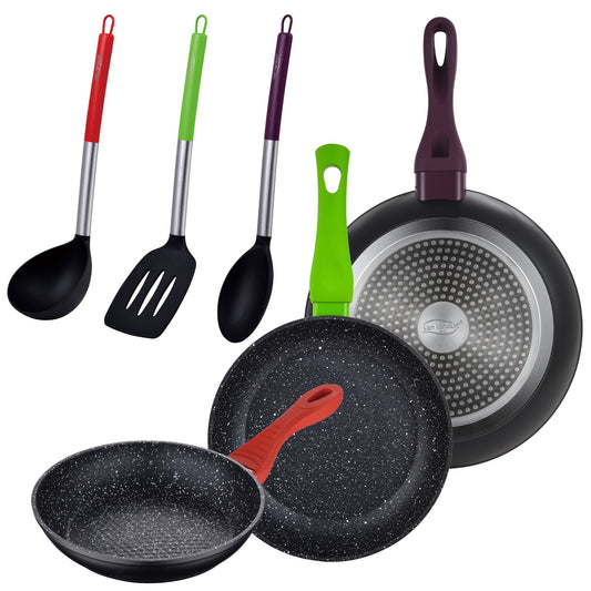 Juego De 3 Sartenes (18,22,26 Cm) En Aluminio Forjado Con 3 Utensilios De Cocina Colección Jolie_0