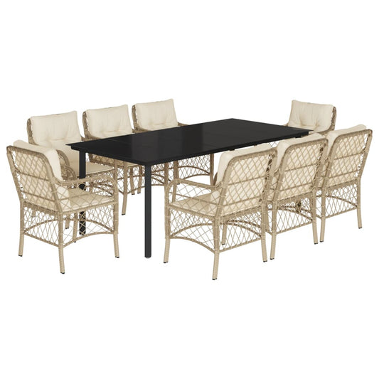 Set Comedor De Jardín 9 Pzas Con Cojines Ratán Sintético Beige / Vetonek_0
