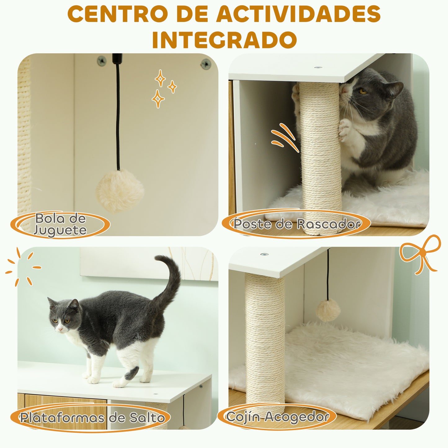 Pawhut Mueble Arenero Para Gatos 3 En 1 Con Puertas Centro De Juegos Blanco_4