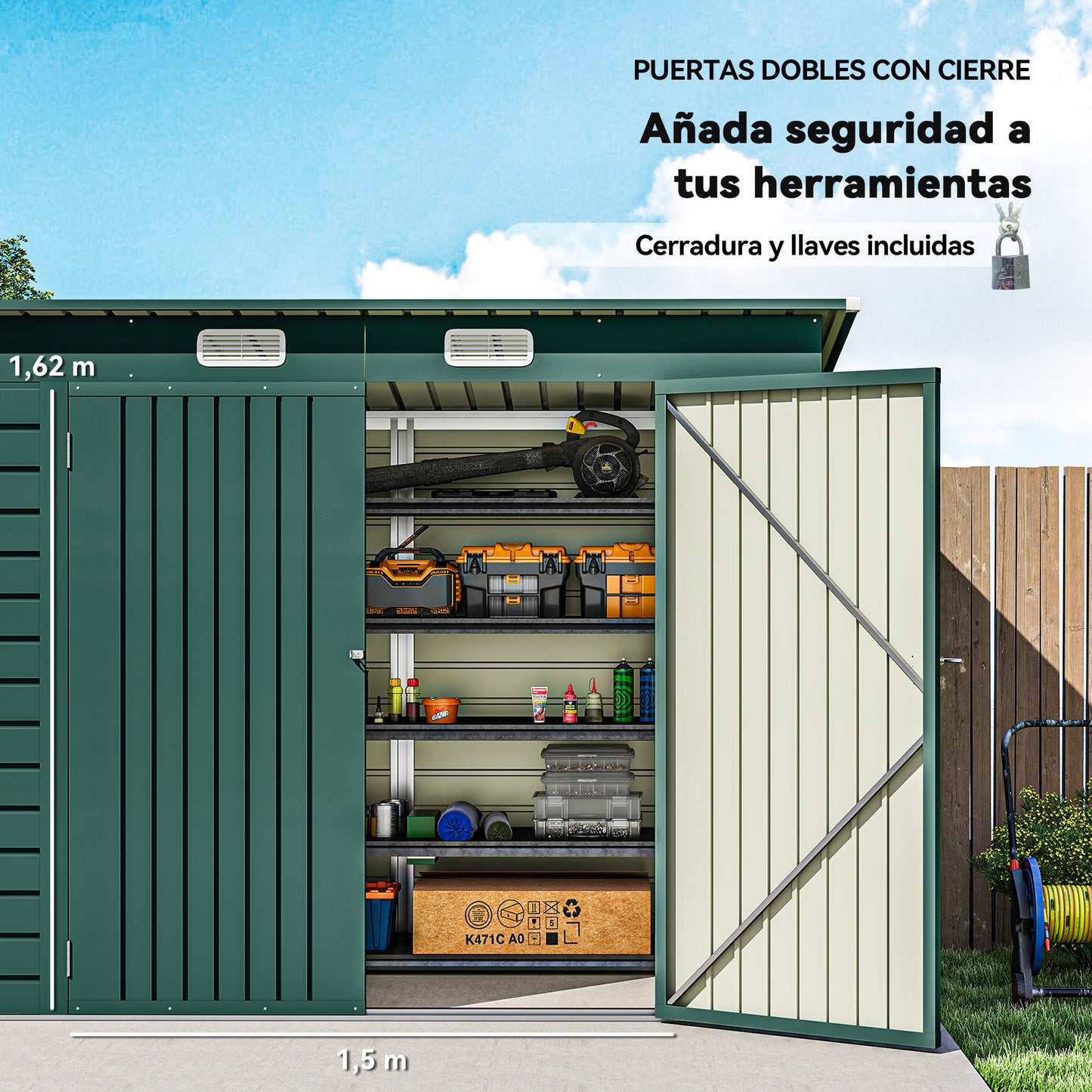 Outsunny Caseta De Jardín Exterior 2,7m² 249x121x183 Cm Con Doble Puerta Verde_5