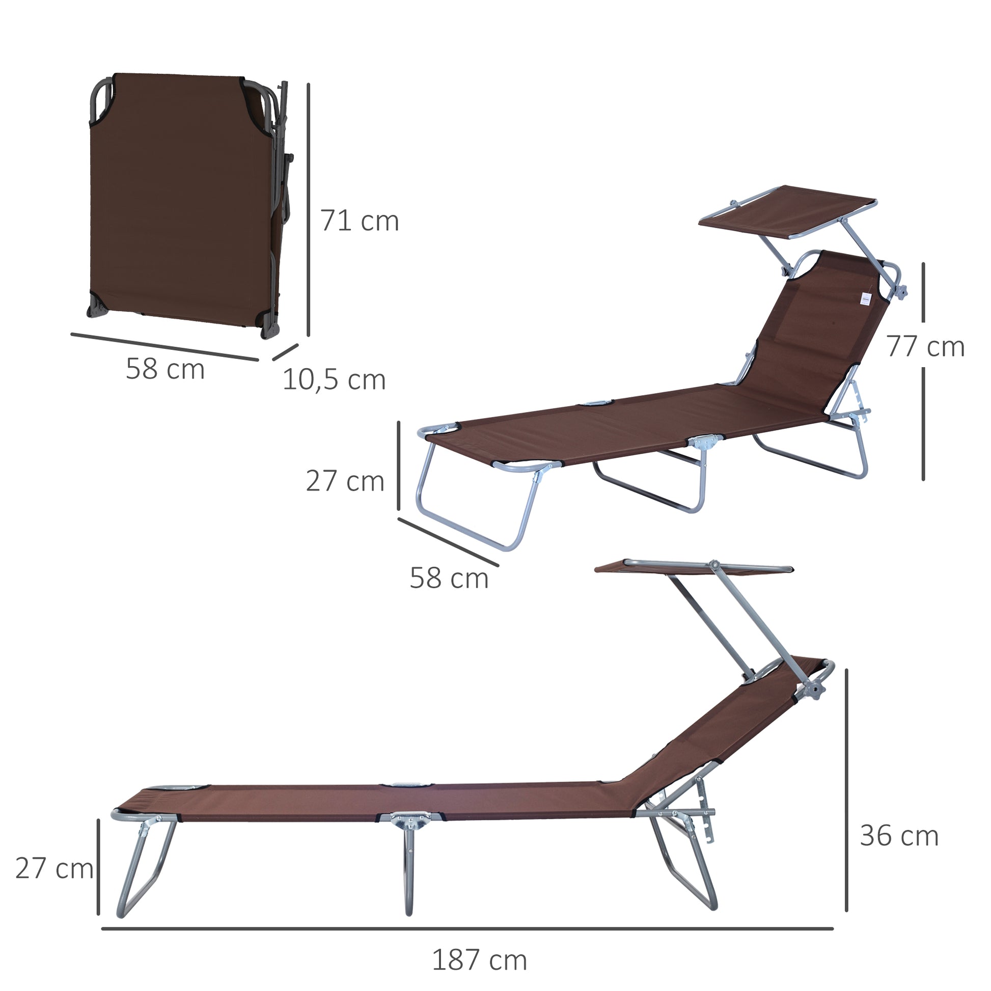 Outsunny Conjunto De 2 Tumbonas Plegables Con Toldo 187x58x36 Cm Marrón_2