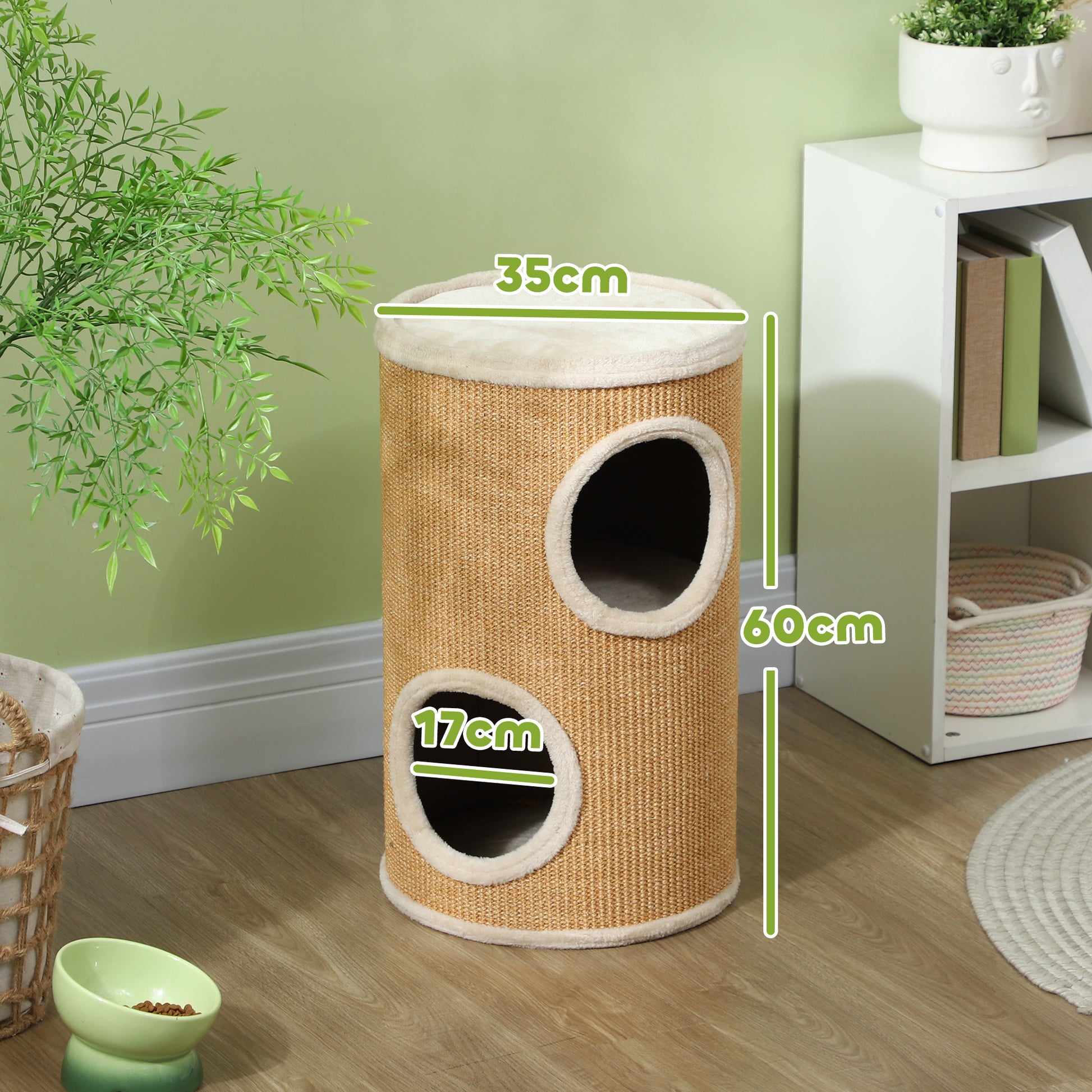 Pawhut Barril Rascador Para Gatos Con 2 Cuevas Y Cubierta De Sisal Ø35x60 Cm_2
