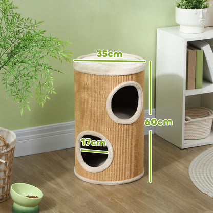 Pawhut Barril Rascador Para Gatos Con 2 Cuevas Y Cubierta De Sisal Ø35x60 Cm_2