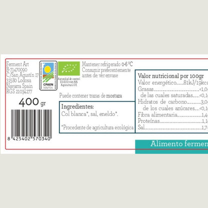 Chucrut De Eneldo Eco Sin Pasteurizar Ferment Art 400 Gr