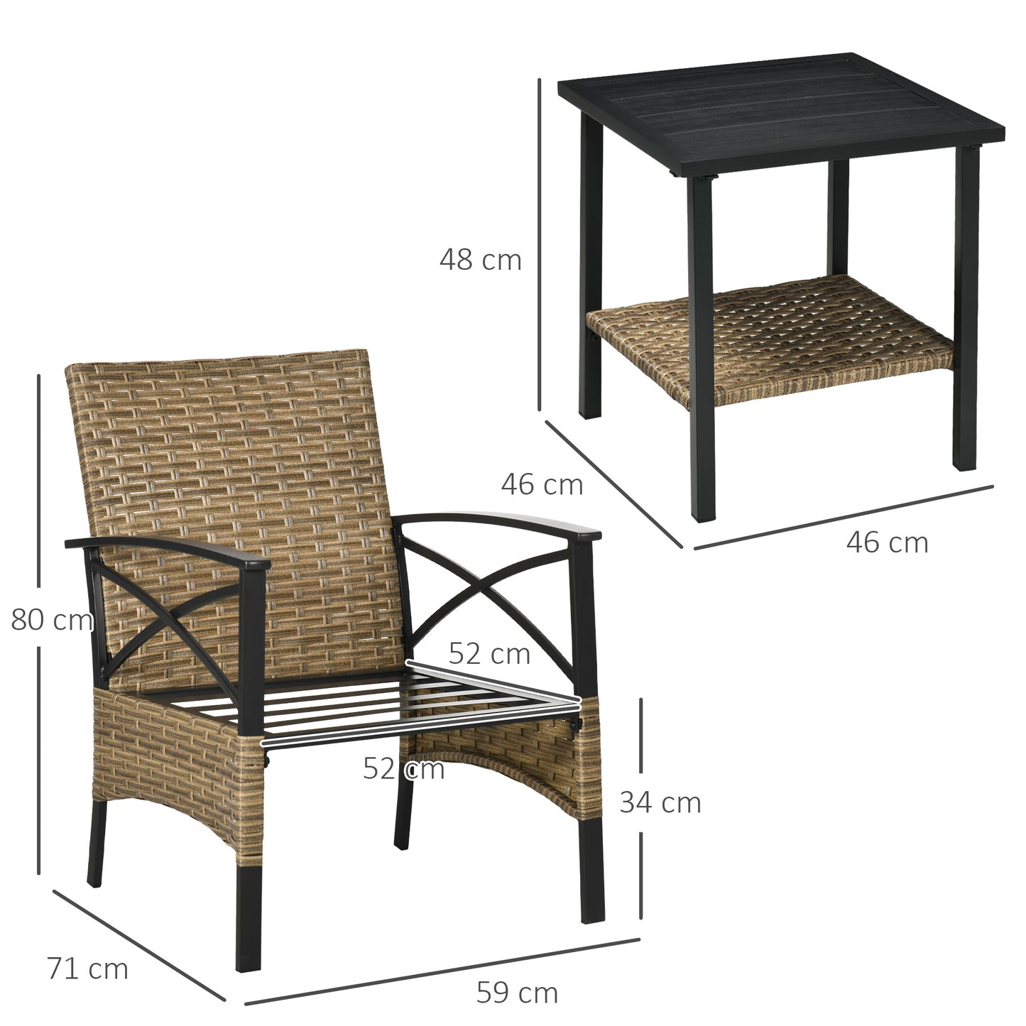 Outsunny Conjunto Mesa Y 2 Sillas De Jardín De Ratán 3 Piezas Con 2 Cojines_2