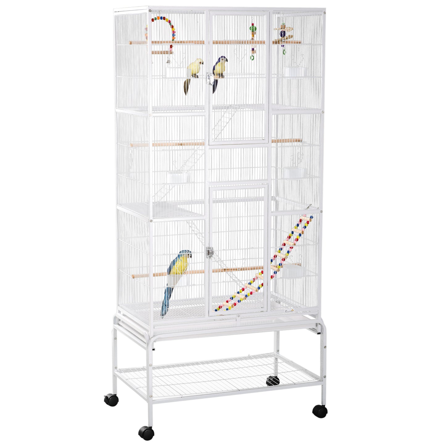 Pawhut Jaula Para Pájaros Con Ruedas Comederos Perchas 83x53x180 Cm Blanco_0