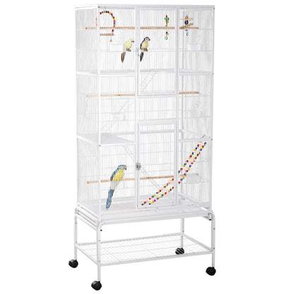 Pawhut Jaula Para Pájaros Con Ruedas Comederos Perchas 83x53x180 Cm Blanco_0