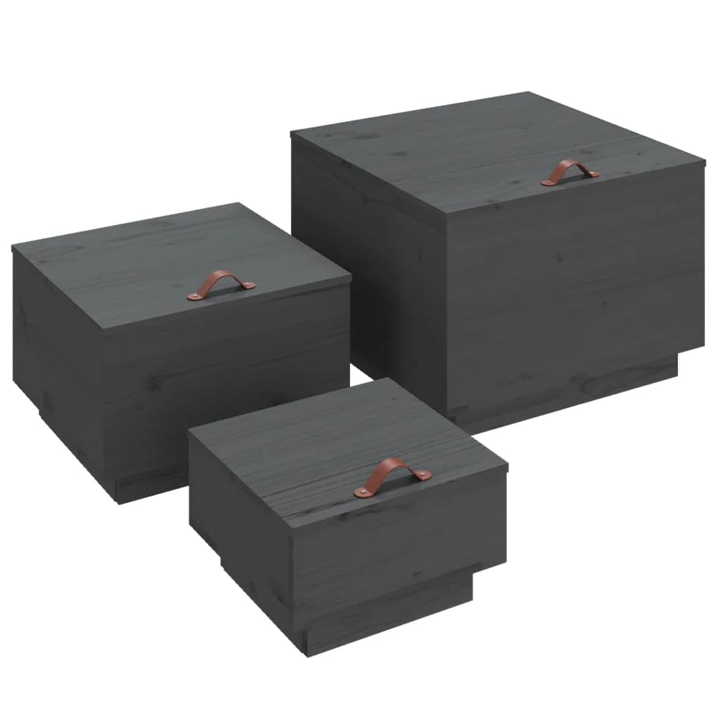 Cajas De Almacenaje Con Tapa 3 Pzas Madera Maciza Pino Gris_1
