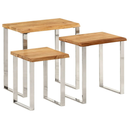 Set De 3 Mesas Apilables Con Borde Natural Madera Maciza Acacia_0