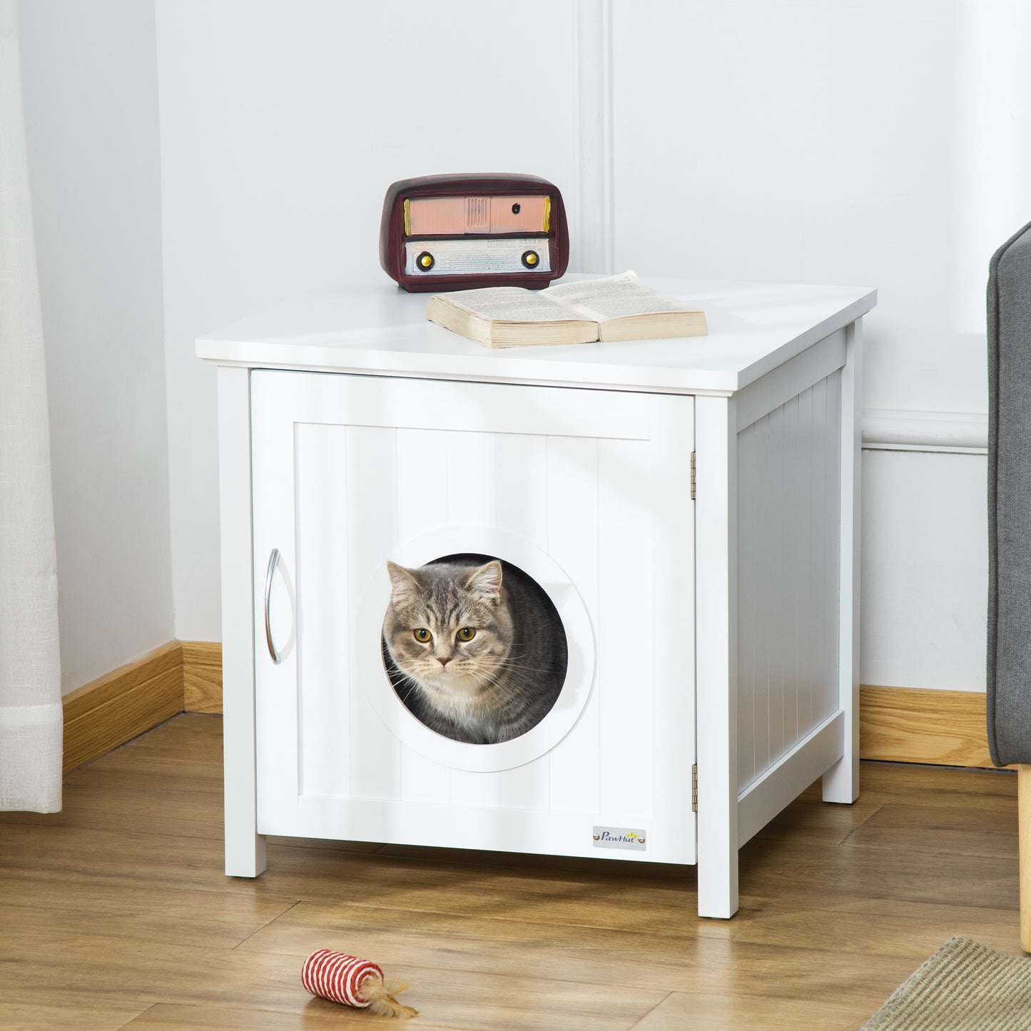 Pawhut Casa Para Gatos Madera Armario Almacenaje Orificio 51,5x48,2x51cm Blanco_1