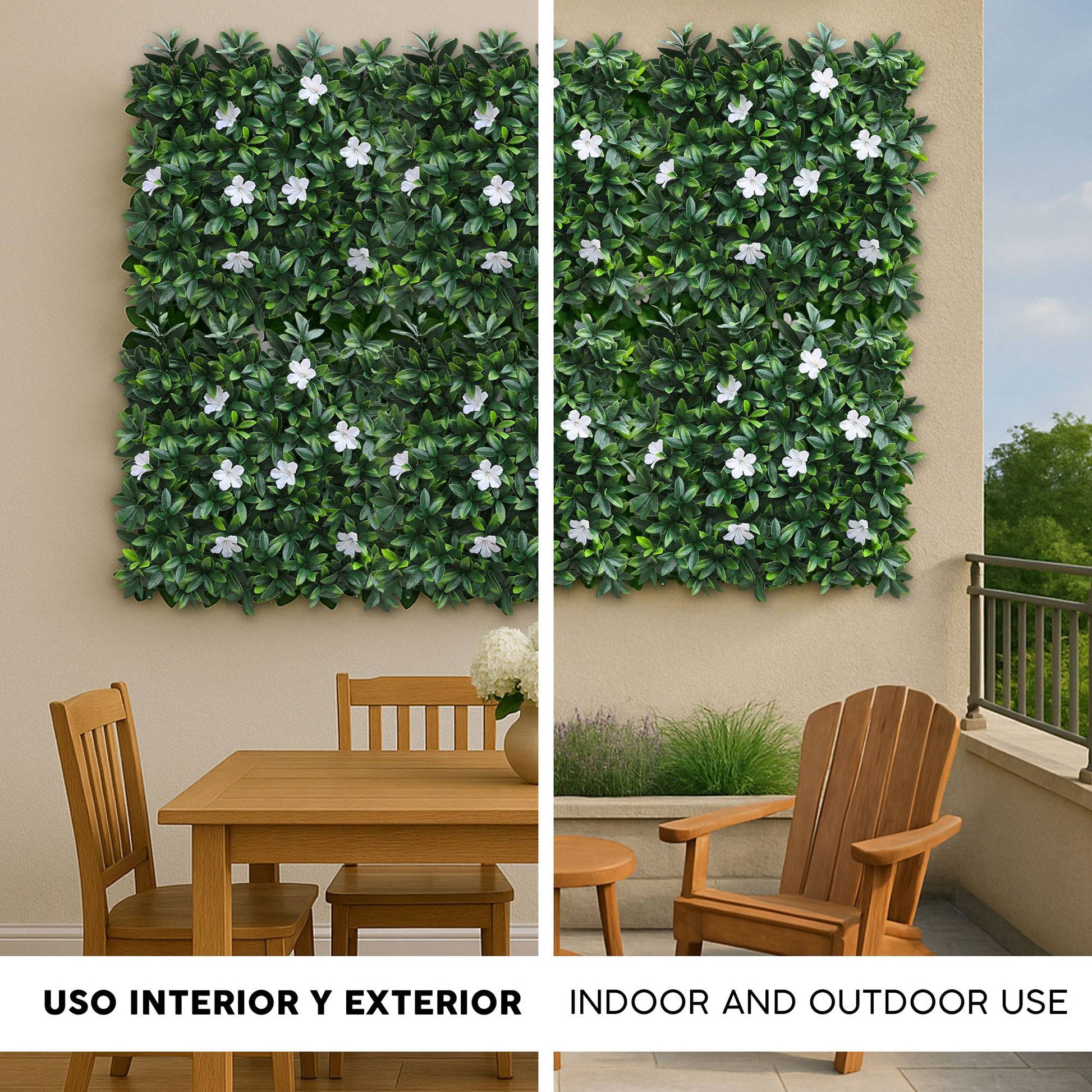 Jardín Vertical Artificial 100x100cm Well Home Hojas Verdes Y Flores Blancas_2