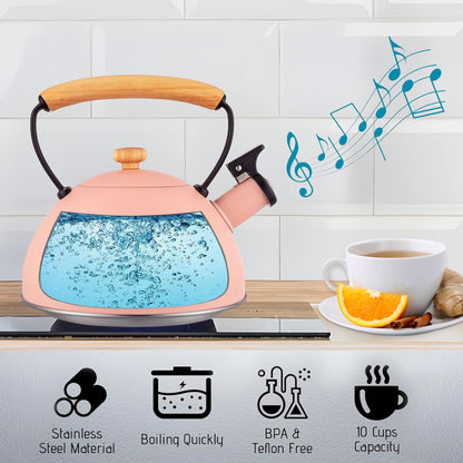 Tetera Con Silbato, Hervidor De Agua 2,5l, Inducción, Acero Inox, Vintage, Mango Madera, Briebe, Pastel, Rosa