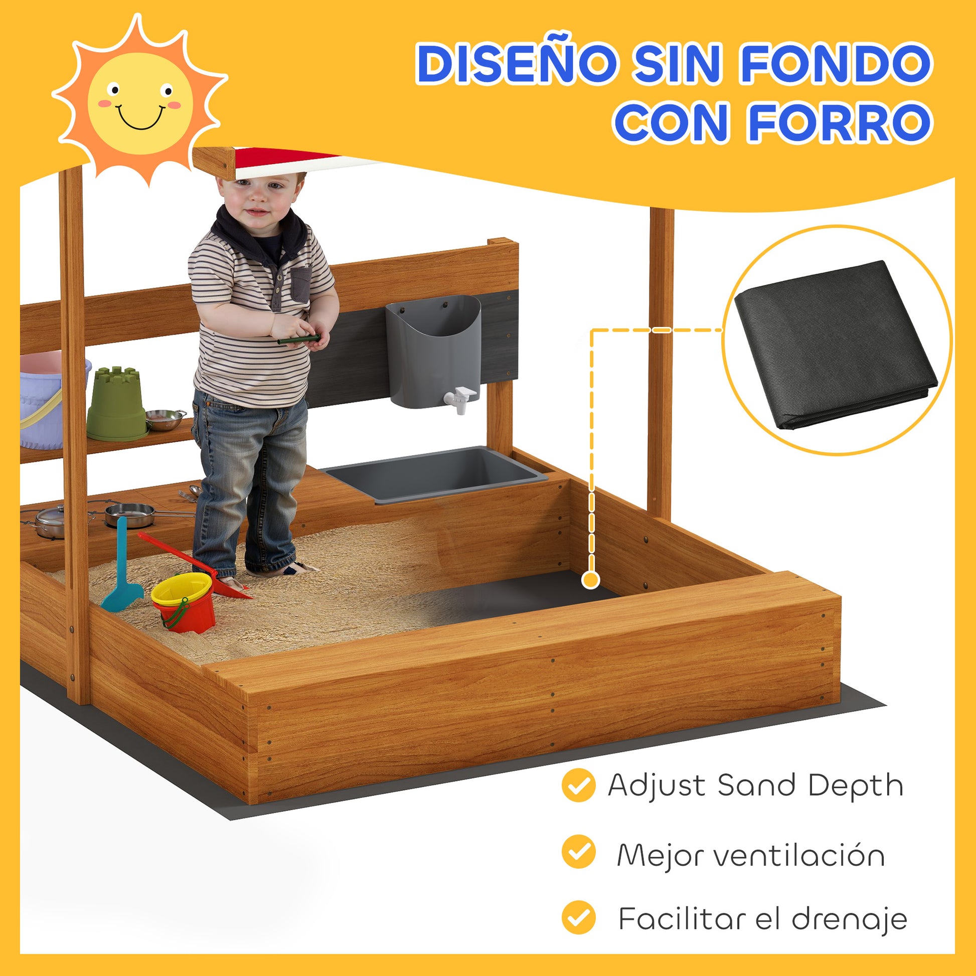 Outsunny Arenero De Madera Para Niños Con Techo Regulable 114x110x110 Cm Marrón_5