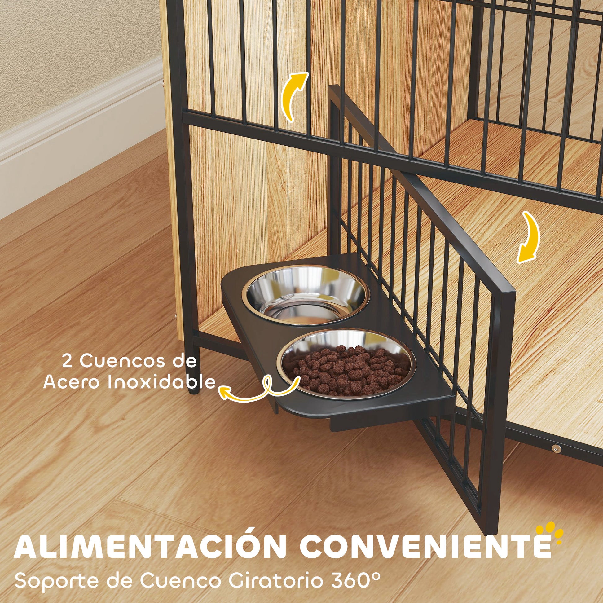Pawhut Jaula Para Perros Mesa Auxiliar Con Soporte Giratorio Con 2 Tazones Roble_4