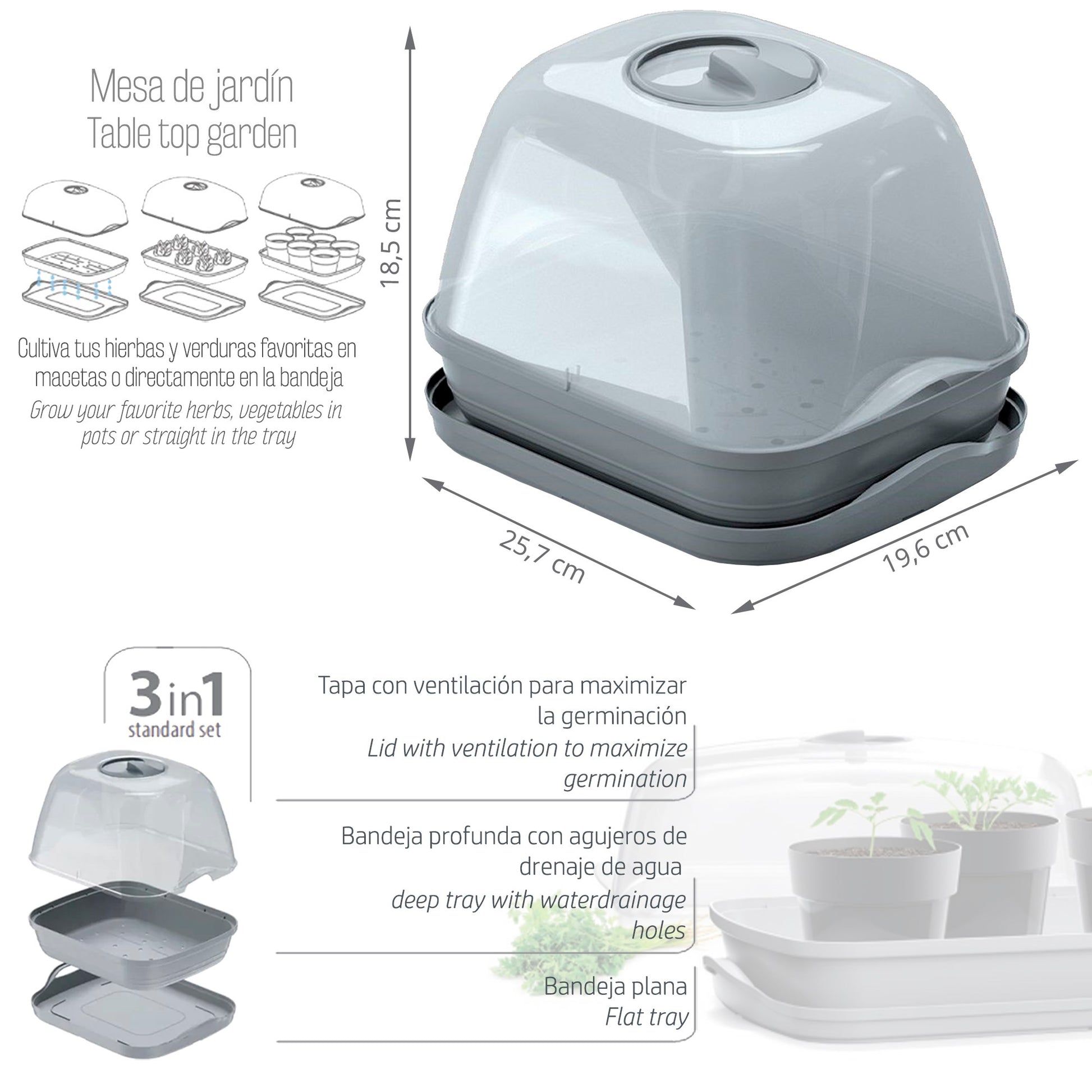 Semillero/bandeja Multiusos Con Tapa De Policarbonato Respana Table Greenhouse, Dimensiones (mm) 257x196x185, Color Gris Piedra_2
