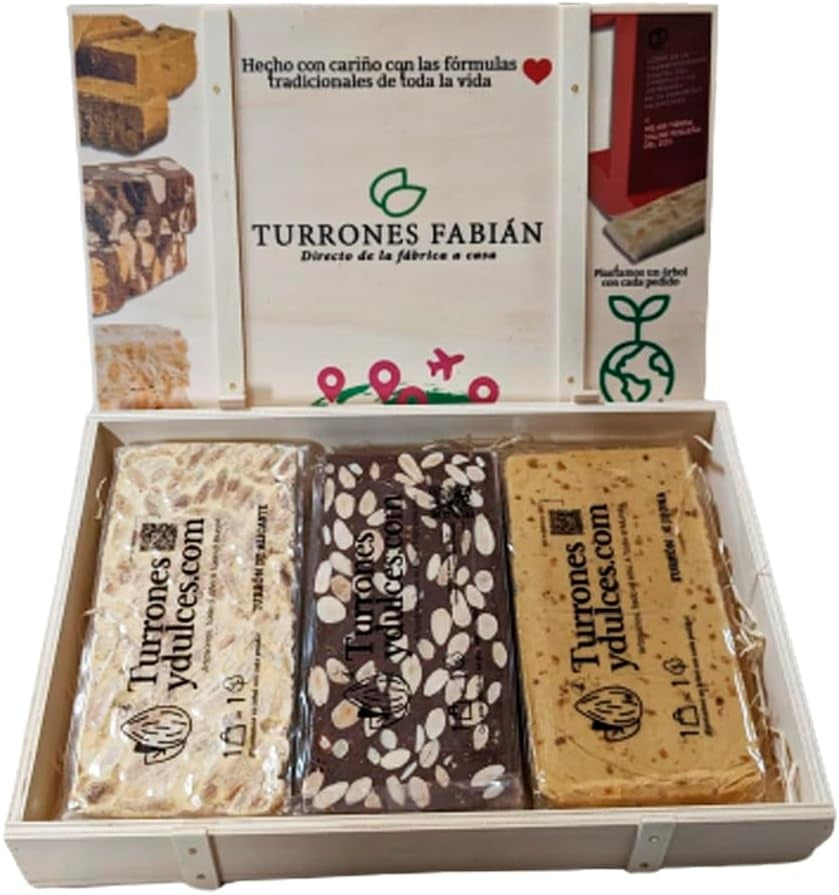 Lote De 3 Turrones Artesanos En Caja De Madera (jijona, Alicante Y Chocolate Con Almendras) 3 X 300g_0