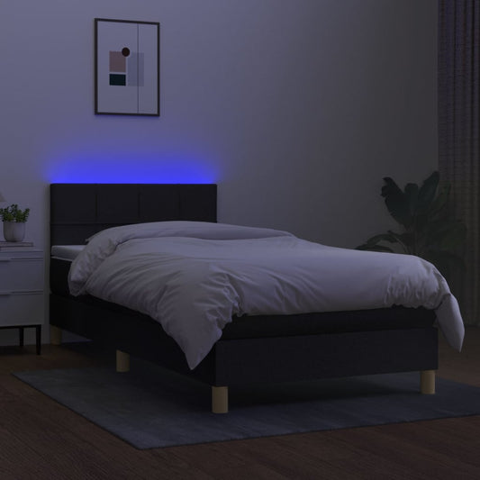 Cama Box Spring Con Colchón Y Led Tela Negro 90x190 Cm / Vetonek_0