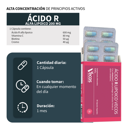 Ácido R Lipoico 600 Mg Vecos 30 Cápsulas | Potente Antioxidante | Con Vitamina C, Biotina Y Cromo_2