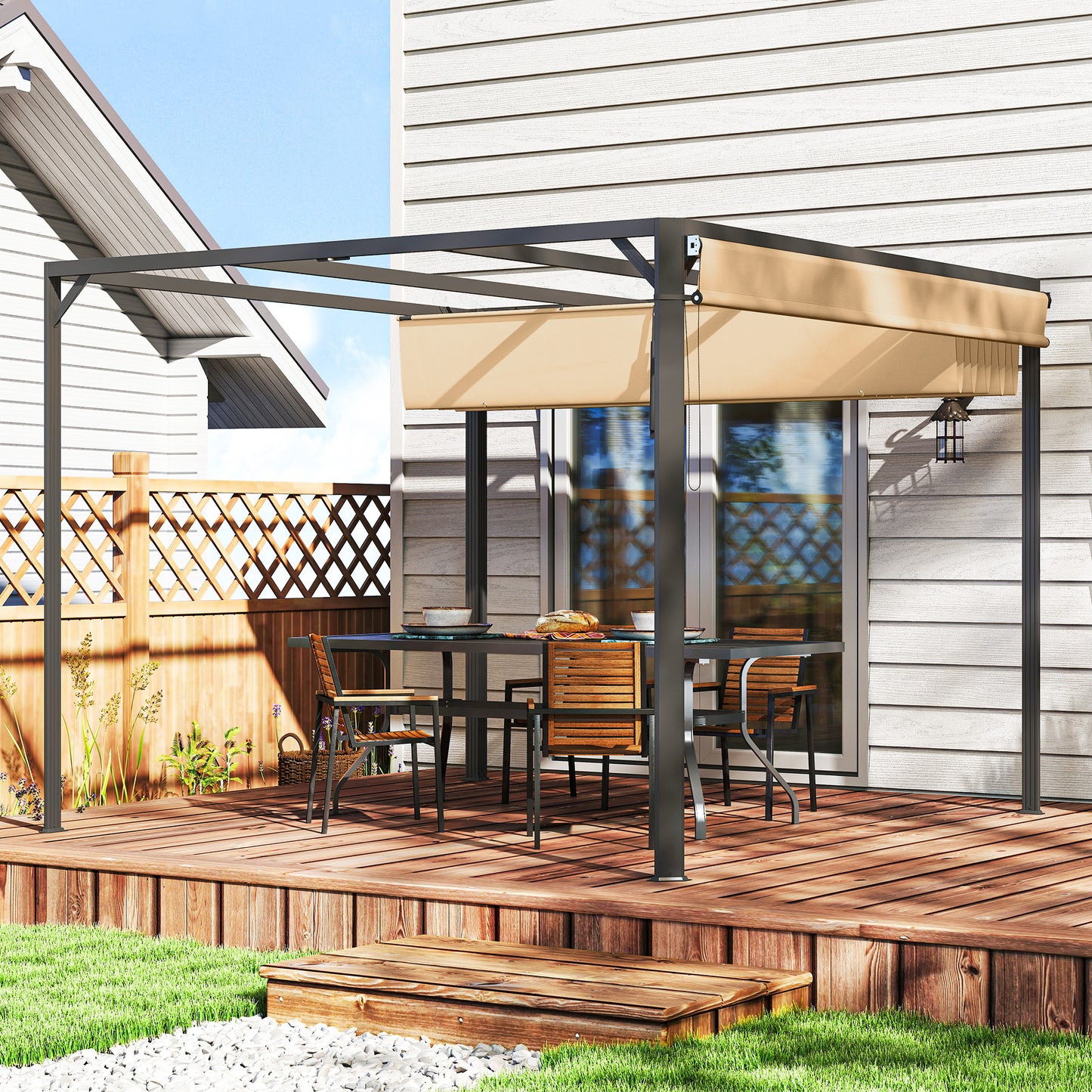 Outsunny Pérgola 3x3 M Con Techo Retráctil Y Cortina Enrollable Caqui_1