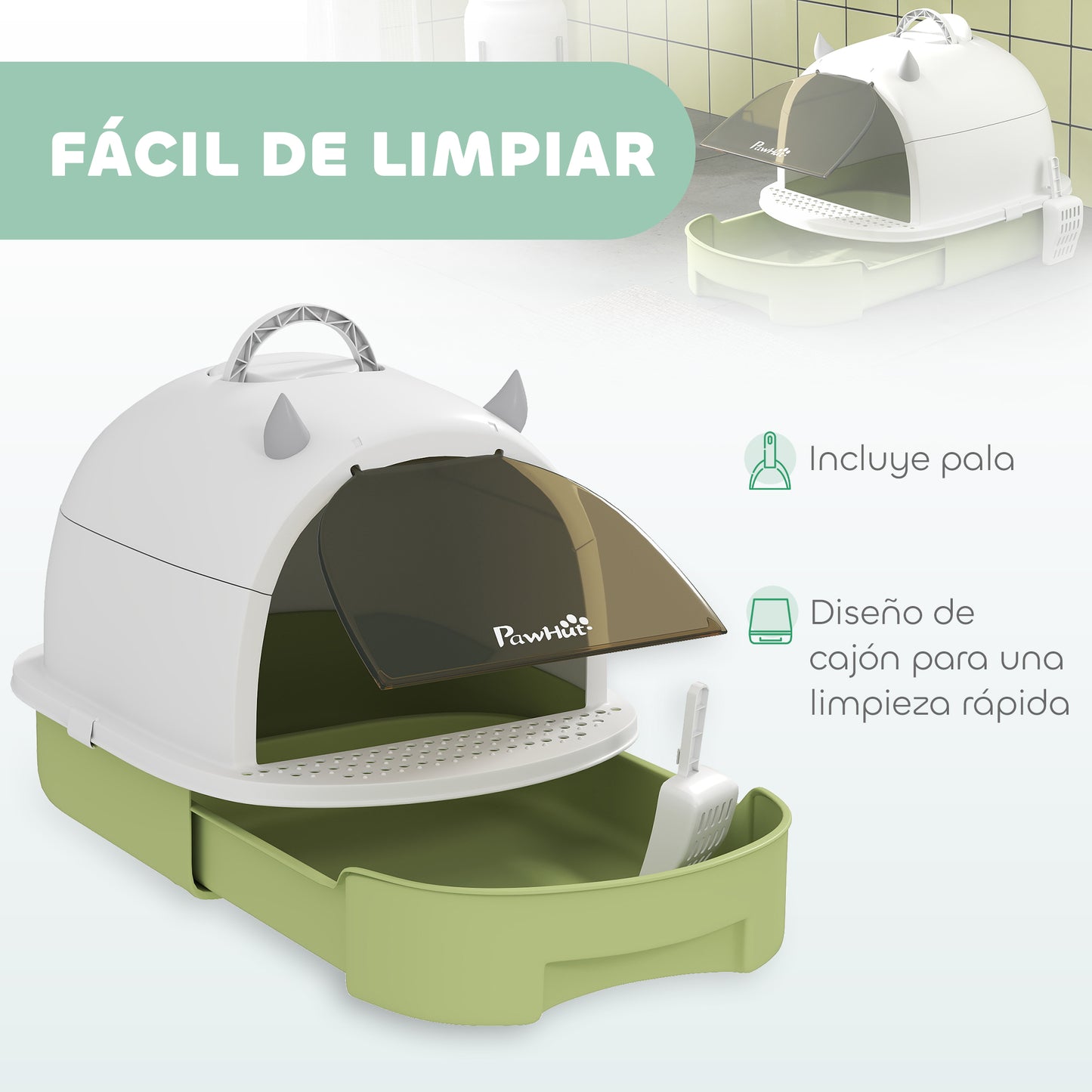 Pawhut Arenero Para Gatos Cubierto Con Bandeja Pala Y Asa Blanco Y Verde_4