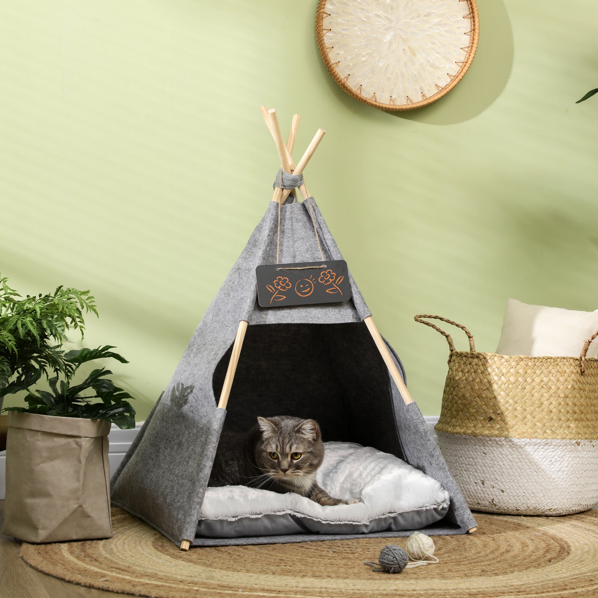 Pawhut Tipi Tienda Para Mascotas Cojín Extraíble Lavable Fieltro Madera_1