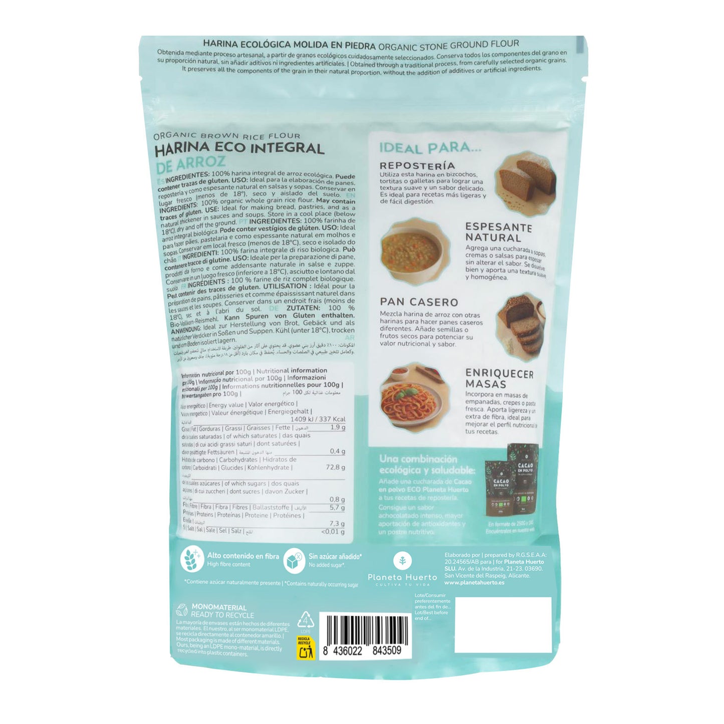 Harina Integral de Arroz Eco Planeta Huerto 800 g